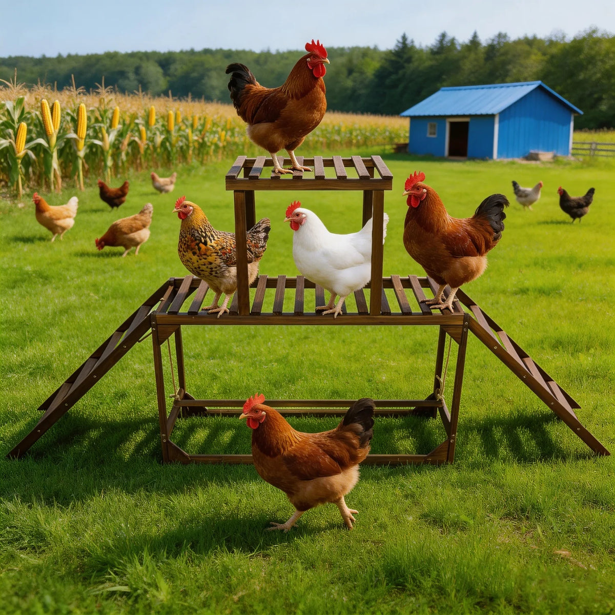 Pine Wood Chicken Perch Swing Chicken Roosting Bars with Swing & Ladder Activity Play Toys Chicken Climbing Accessory for 8-10 Chickens