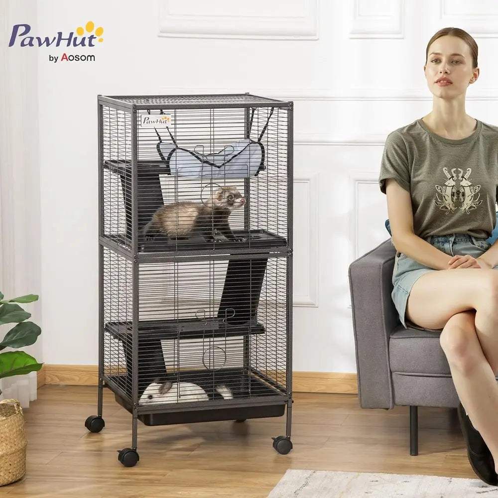 Metal Small Animal Cage, 4-Tiers Rolling Big erret Cage with Hammock, Removable Tray, or Chinchilla, Sugar Glider, Gray