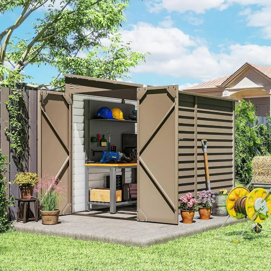 Brown 4.6' x 9' Outdoor Steel Storage Shed with Waterproof Lean-to Design, Foundation Kit, Lockable Door, Gloves, and 2 Air Vent