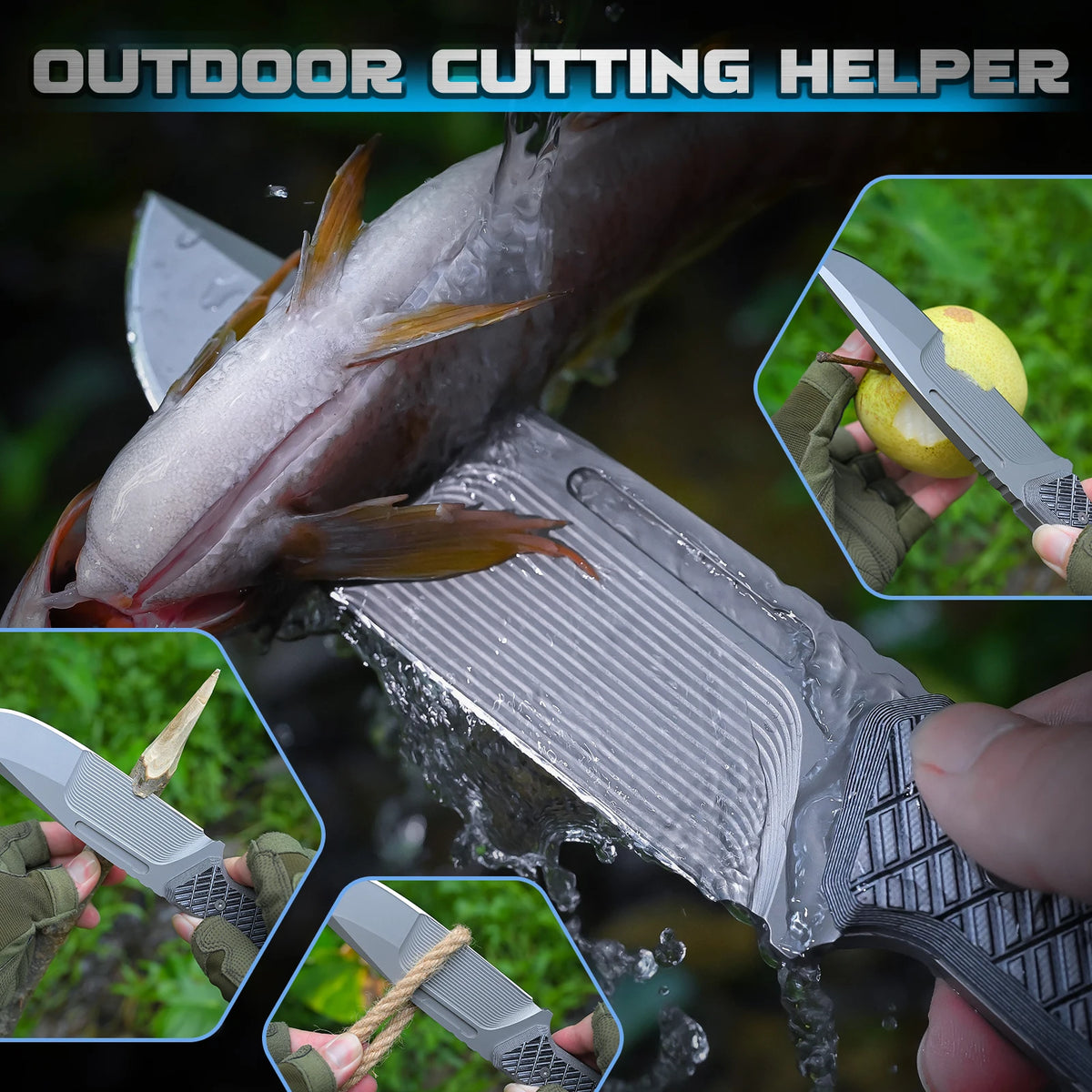 One-piece steel multi-functional steak straight knife with K-sheath and anti-slip textured handle, home meat cutting and deboning knife, portable camping survival hunting knife, outdoor multi-purpose knife.