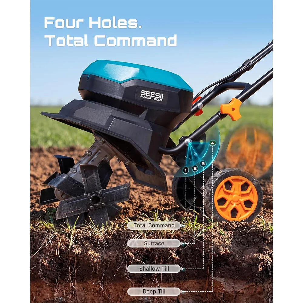 Seesii 40V 12"Electric Tiller Cultivator Lawn Weeding Soil Cultivation Cordless Rototiller for Garden for Makita 18V battery pin