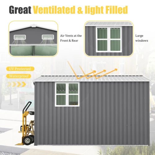 10x12 foot outdoor storage shed with lockable door, oversized metal shed, outdoor steel cabin, tool storage, chicken coop