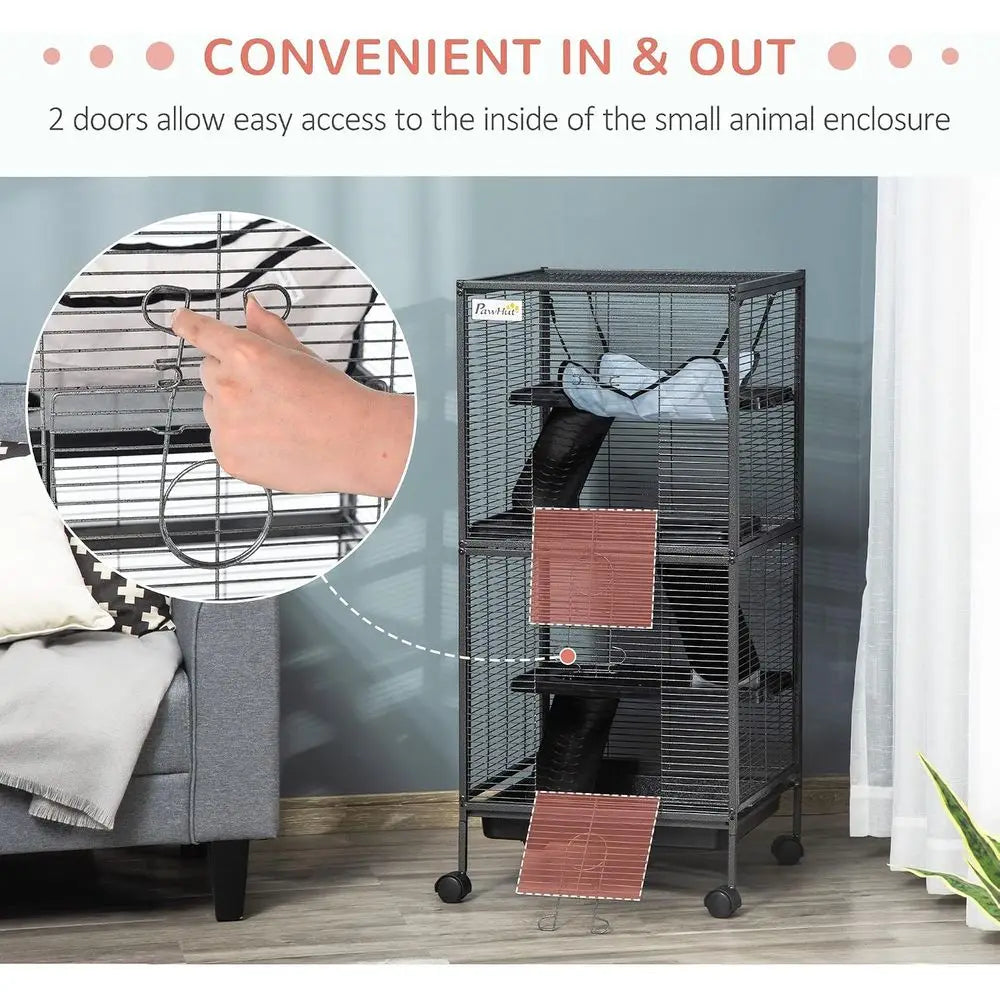 Metal Small Animal Cage, 4-Tiers Rolling Big erret Cage with Hammock, Removable Tray, or Chinchilla, Sugar Glider, Gray