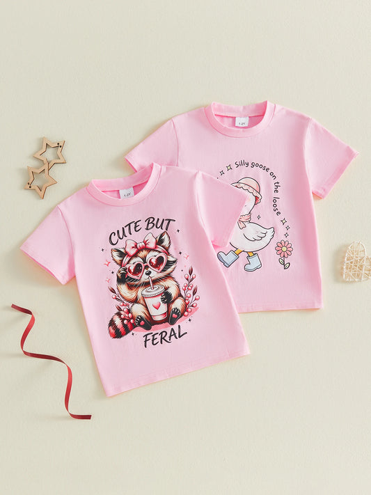 Goose Raccoon Print Sleeve Tops T Shirts Goose Neck Short Girls Summer T Shirts Goose Raccoon Print Crew Crew Neck Short Goose