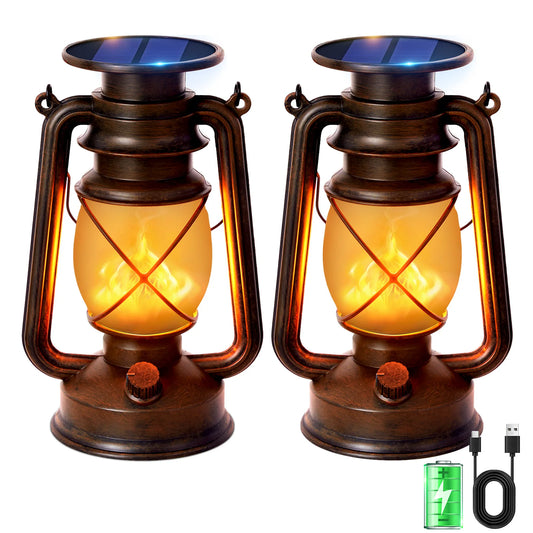 Solar Lanterns Outdoor Waterproof, 2 Pack Flickering Flame LED Hanging Lantern, Bronze Vintage Solar Powered Decorative Lights for Patio Porch Garden Yard Pathway Camping