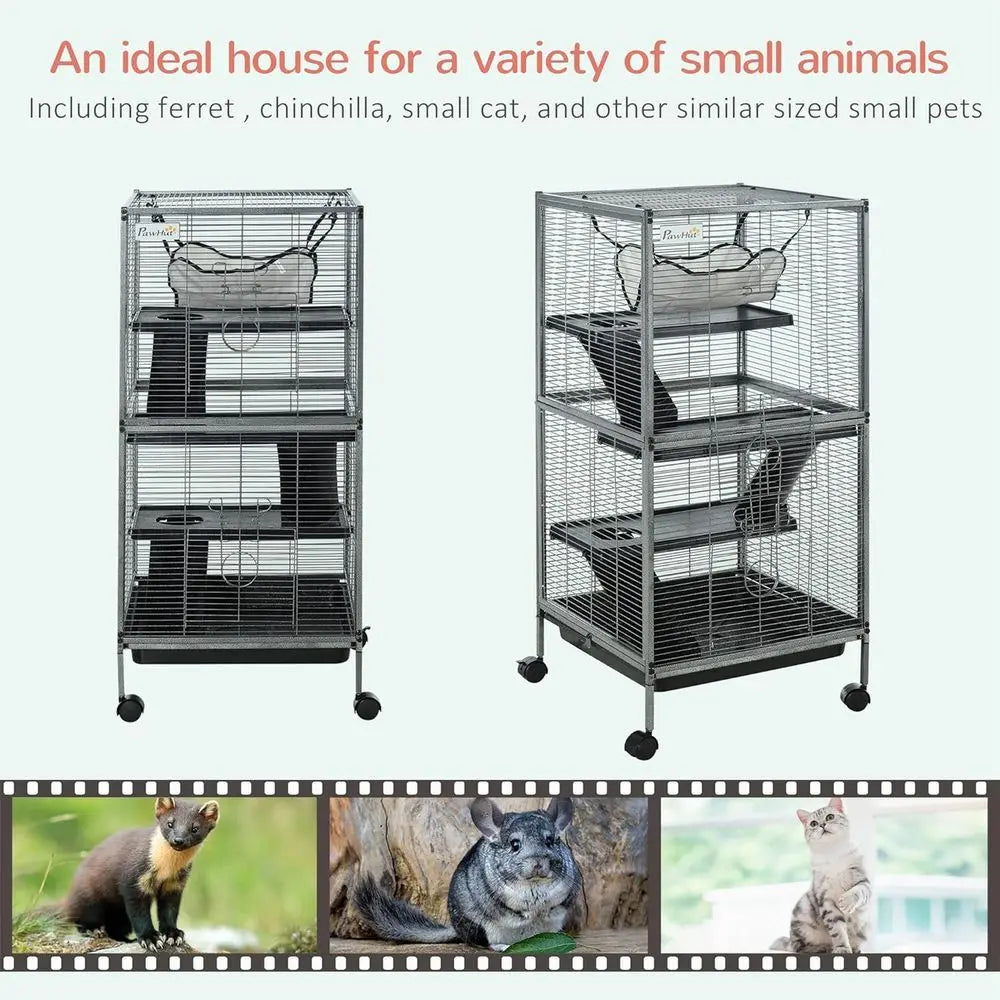 Metal Small Animal Cage, 4-Tiers Rolling Big erret Cage with Hammock, Removable Tray, or Chinchilla, Sugar Glider, Gray