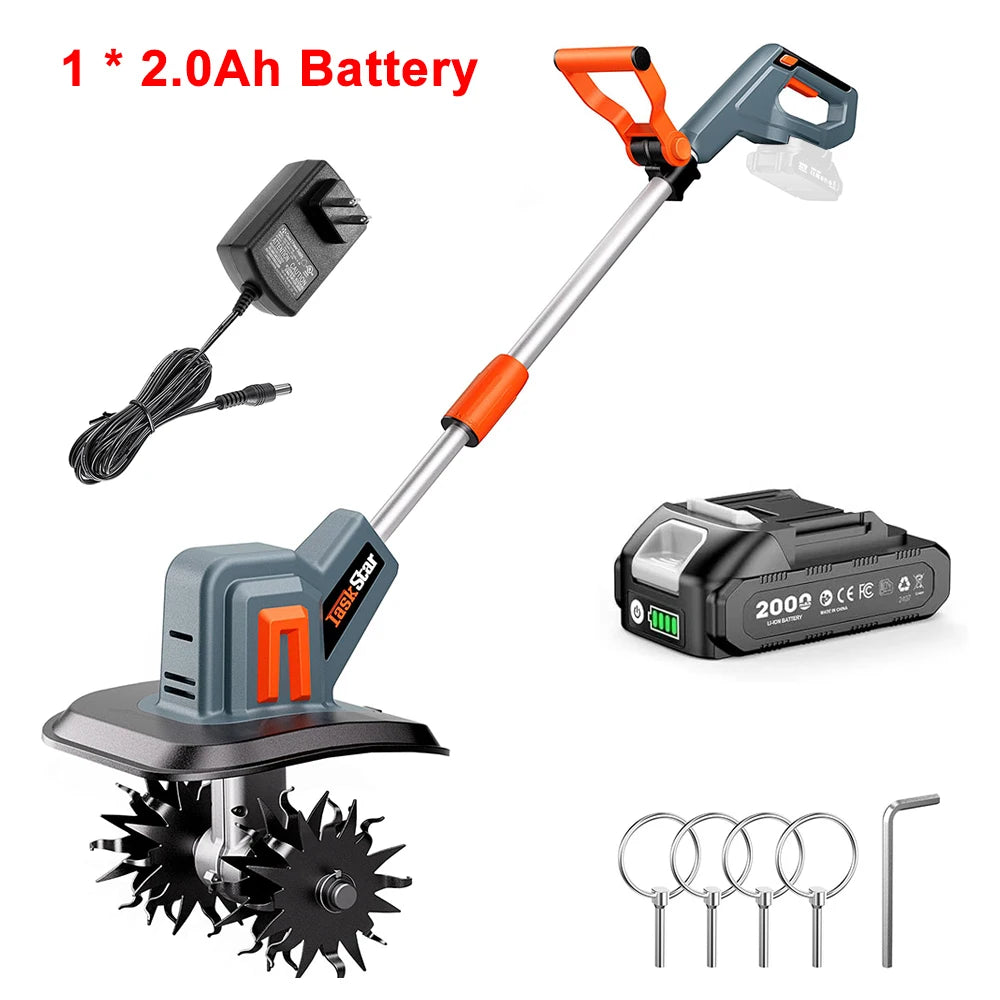 TaskStar Cordless Tiller Cultivator for Gardening 2*2.0Ah Battery Powered Garden Rototiller with 48 Steel Tines 360RPM Lightweight Small Hand Tiller for Soil Cultivating