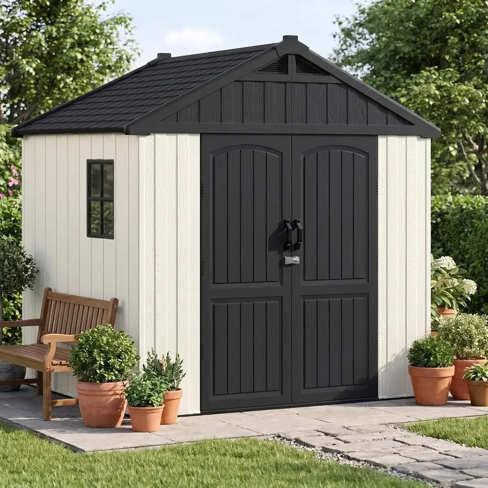 8x6 Beige Outdoor Storage Shed with Floor, DIY Window, and Lockable Door for Garden, Patio, or Backyard