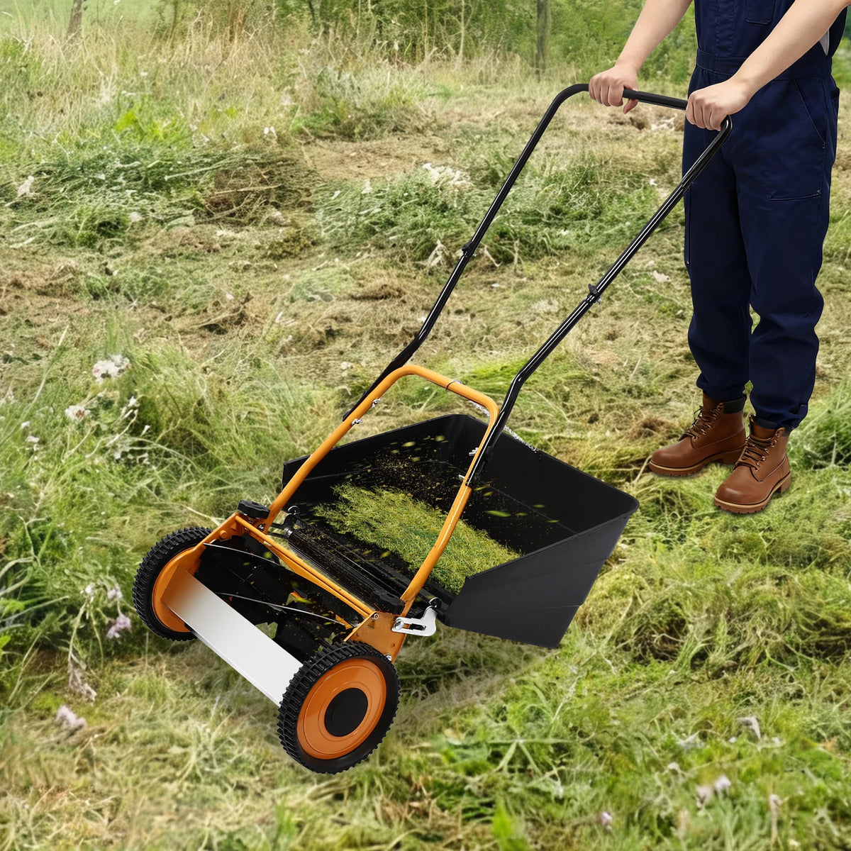 16 Inch Hand Push Lawn Mower Steel Aluminum Plastic Sprayed Wear-resistant 4 Sharp Five-edged Blades 0.47-1.65in Adjustable Cut Height Manual Wheeled Grass Cutting Machine No-power Eco Lawn Trimmer For Villa Household Backyar