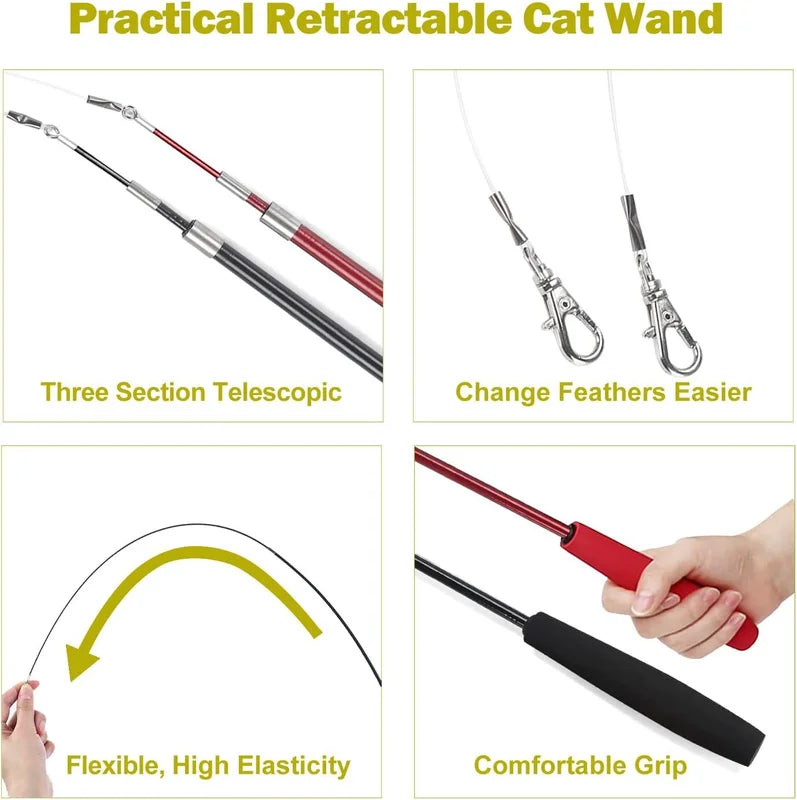 Interactive Cat Toys Retractable Wand Toy and Feather Toy Refills for Indoor Cat