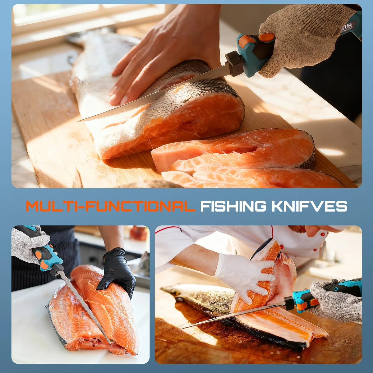 Seesii Electric Fillet Knife Set Cordless Rechargaable Fish Knife Lithium Battery Cutter Bread Beef Knives Kitchen Cooking Tools with 2*2.0Ah Batteries for Fishing Filleting
