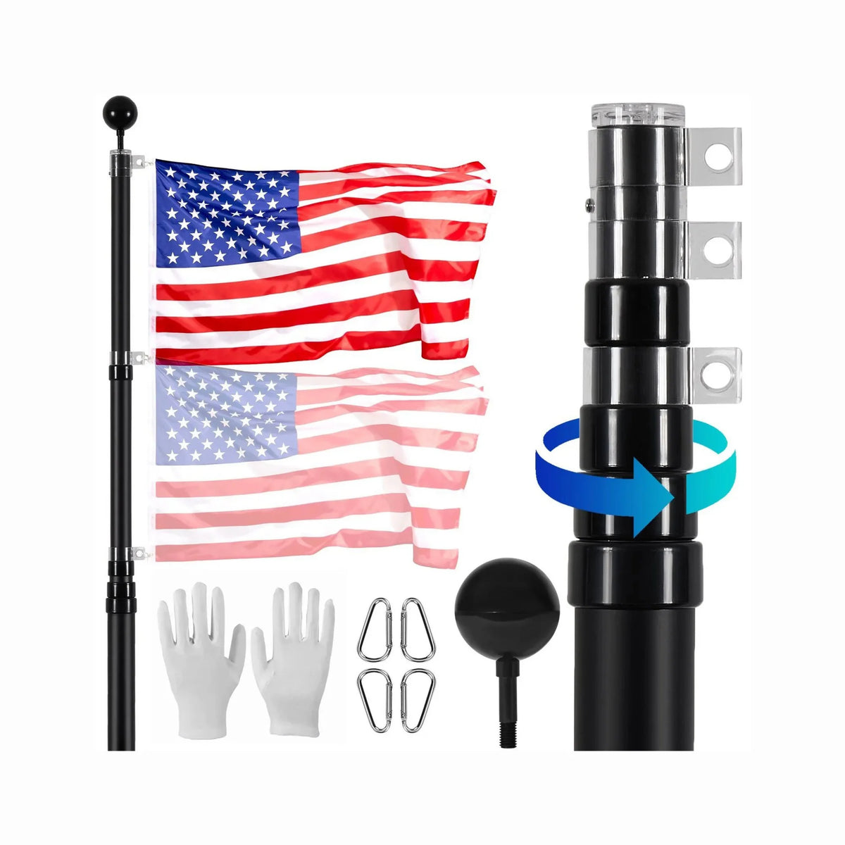 25FT Black Telescoping Flagpole Kit, 3 Display Modes with 3x5 US American Flag Complete Accessories Heavy Duty Flag Pole for Outdoor Yard Lawn Garden Backyard