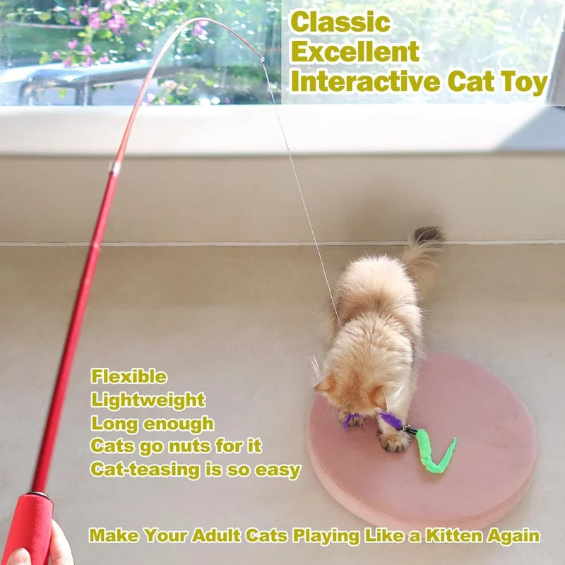 Interactive Cat Toys Retractable Wand Toy and Feather Toy Refills for Indoor Cat