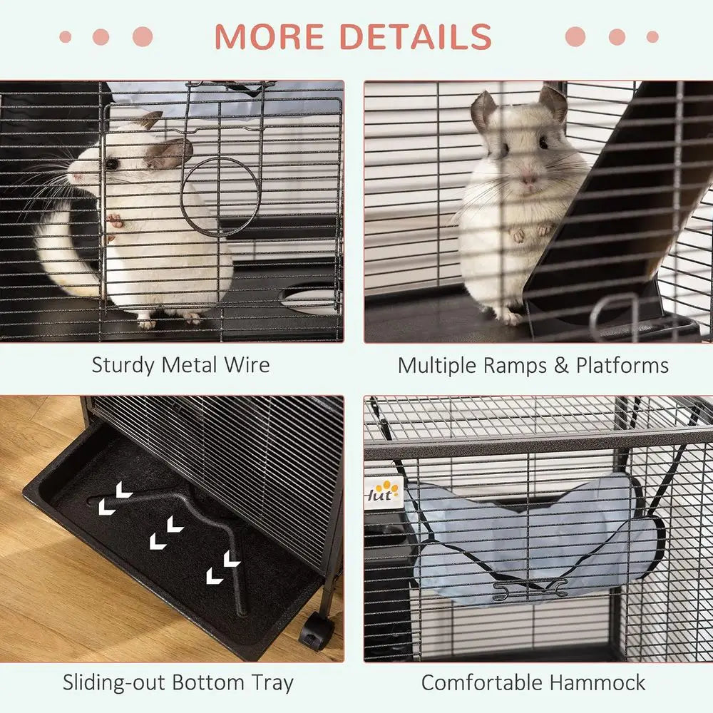 Metal Small Animal Cage, 4-Tiers Rolling Big erret Cage with Hammock, Removable Tray, or Chinchilla, Sugar Glider, Gray