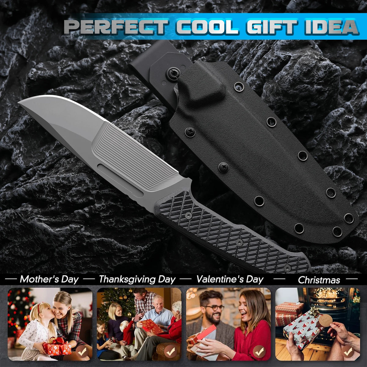 One-piece steel multi-functional steak straight knife with K-sheath and anti-slip textured handle, home meat cutting and deboning knife, portable camping survival hunting knife, outdoor multi-purpose knife.