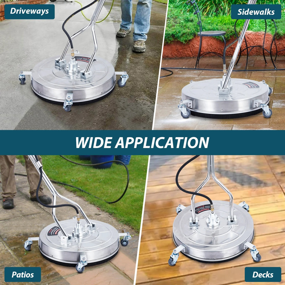 24" Stainless Steel Pressure Washer Surface Cleaner with 4 Wheels, 4000 Max PSI, 3/8 Quick Connector, 2 Replacement Nozzles, Dual Handle, Power Washer Surface Cleaner for Concrete, Patio, Sidewalk, Deck, Driveways