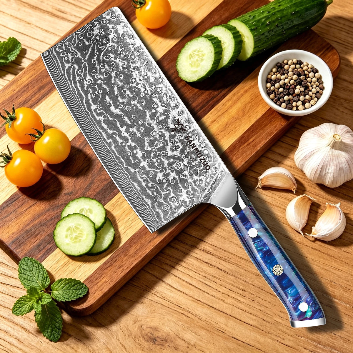 SANMUZUO 7 Inch Chinese Cleaver Knife - Professional Damascus Steel Chef Knife for Meat Vegetable - Ergonomic Resin Handle Kitchen Tool - Xuan Series