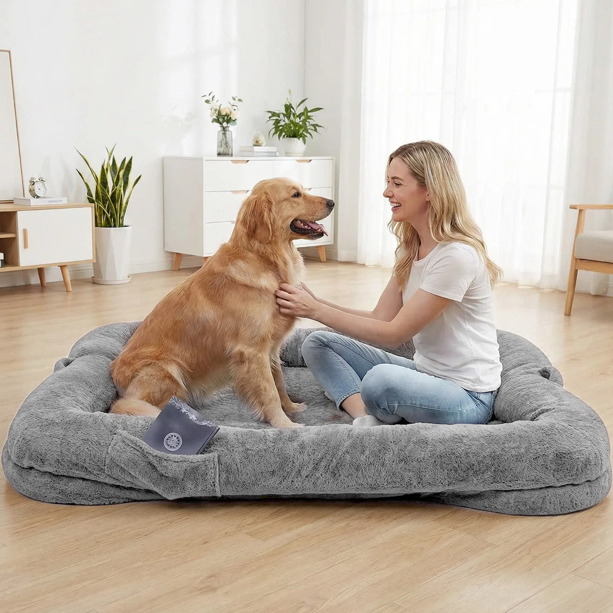 Human Dog Bed Washable Large Size Non Slip Bottom Comfortable Plush 180x120x30cm Giant Size Dog Bed with Blanket and Pocket