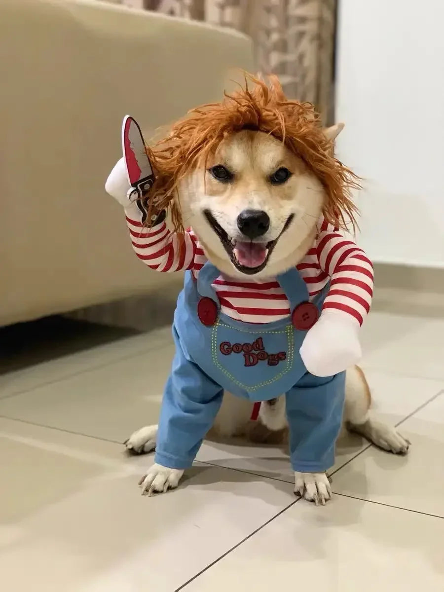 In Stock Halloween Chucky Doll Pet Costume, Funny 3D Upright Dog Cat Outfit, Cosplay Party Clothes for Small Medium Puppy Kitten
