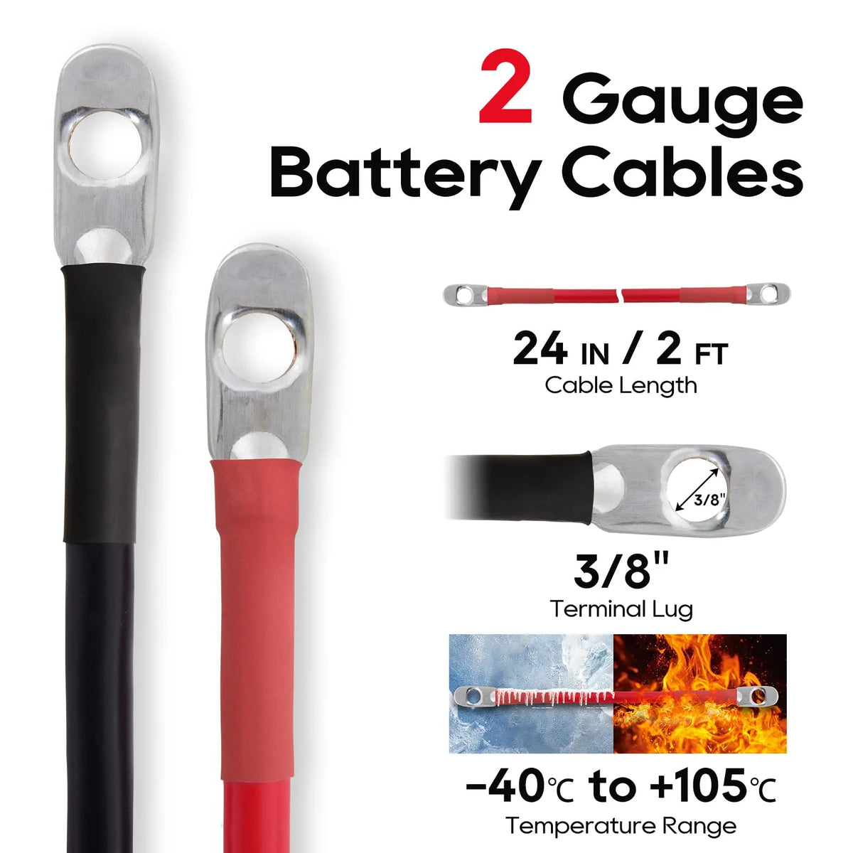 2 AWG Battery Cable 2AWG 24-Inch Battery Inverter Cables Set All Copper Conductor Wire with 3/8" Ring Terminals (2 AWG x 24 Inch