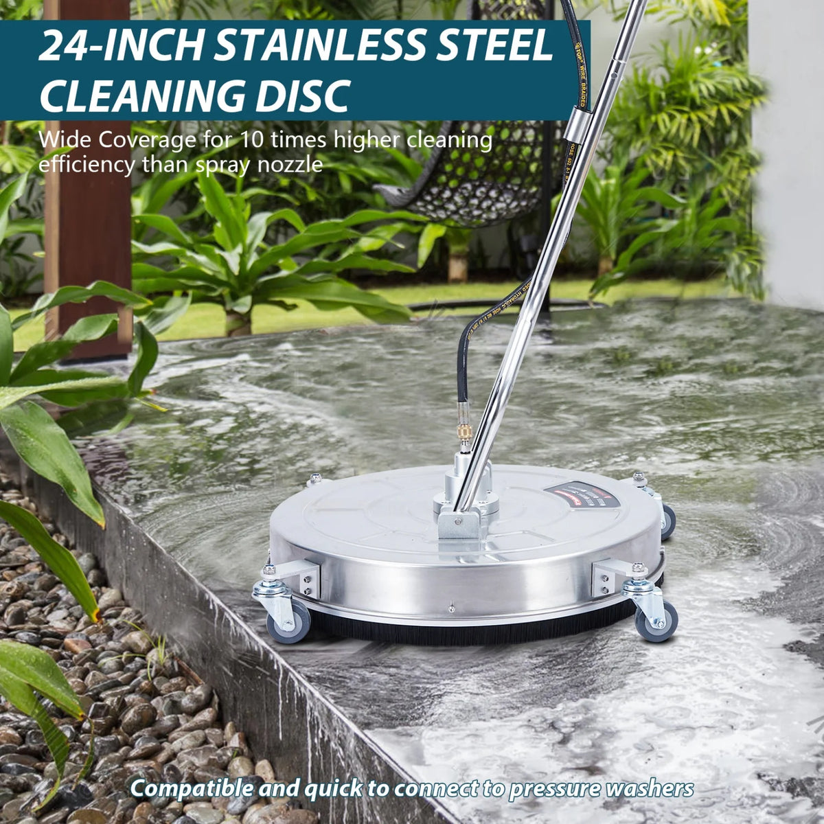 24" Stainless Steel Pressure Washer Surface Cleaner with 4 Wheels, 4000 Max PSI, 3/8 Quick Connector, 2 Replacement Nozzles, Dual Handle, Power Washer Surface Cleaner for Concrete, Patio, Sidewalk, Deck, Driveways