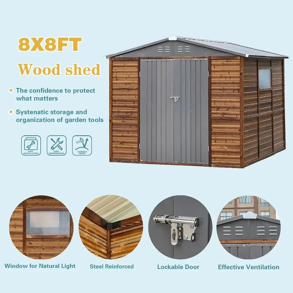 8x8 Outdoor Storage Shed - Waterproof, Lockable, Utility & Tool Garden Shed for Patio Use