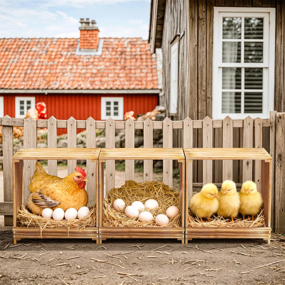 Nesting Boxes for Chickens: 3-Compartment Pine Wood Chicken Nesting Box Poultry Farms for Eggs Laying, Preventing Egg Falls