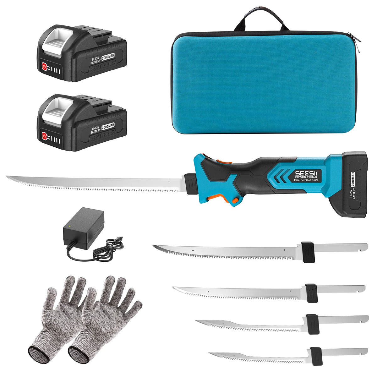 Seesii Electric Fillet Knife Set Cordless Rechargaable Fish Knife Lithium Battery Cutter Bread Beef Knives Kitchen Cooking Tools with 2*2.0Ah Batteries for Fishing Filleting