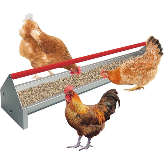 Livestock Feeding Trough Chicken Feeder 114cm Hay Feeder Metal Duck Feeder Galvanized Steel Poultry Feeder Trough with Drainage Holes & Rotatable Handle for Coop, Pigeon, Duck