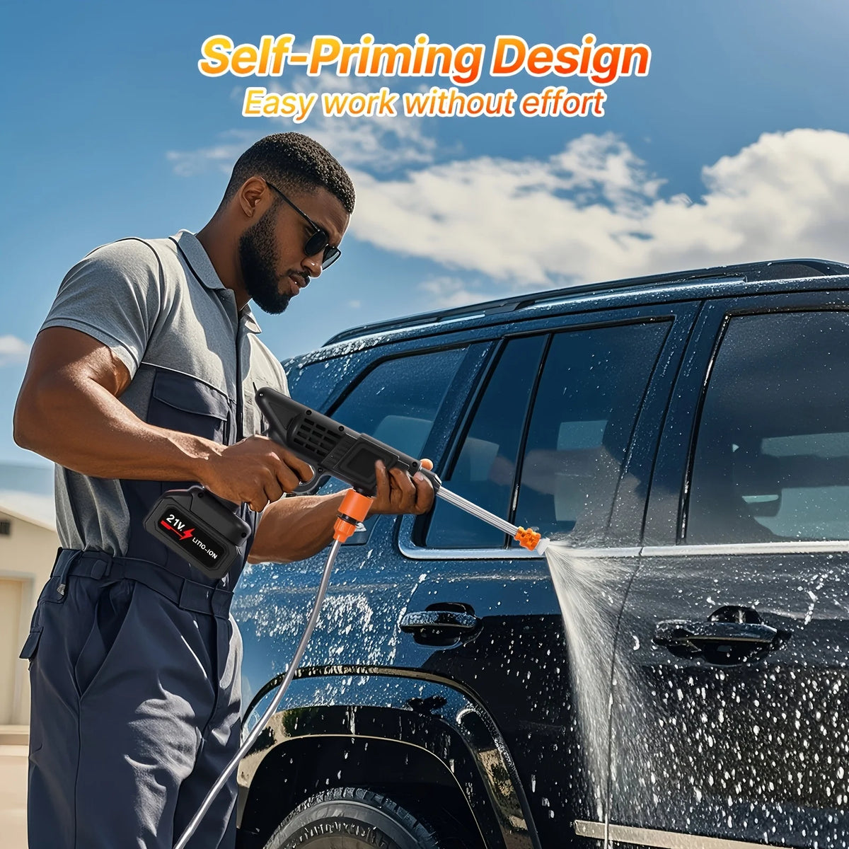 High-pressure Line Cleaning Machine, Rechargeable Battery, Battery-powered, Suitable For Cars, Yards, Driveways, Gardens, Green. Stainless Steel Foam Nozzle, Portable Electric Car Washing Tool.