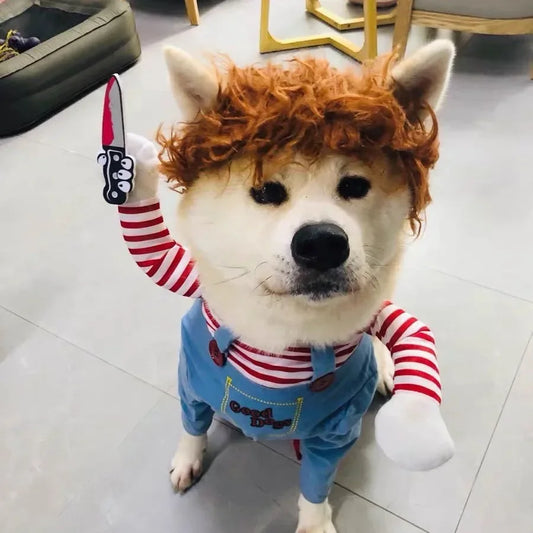In Stock Halloween Chucky Doll Pet Costume, Funny 3D Upright Dog Cat Outfit, Cosplay Party Clothes for Small Medium Puppy Kitten