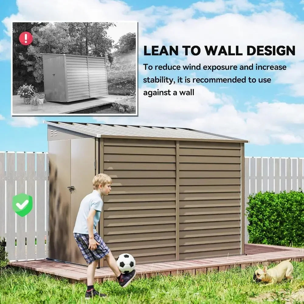 Brown 4.6' x 9' Outdoor Steel Storage Shed with Waterproof Lean-to Design, Foundation Kit, Lockable Door, Gloves, and 2 Air Vent