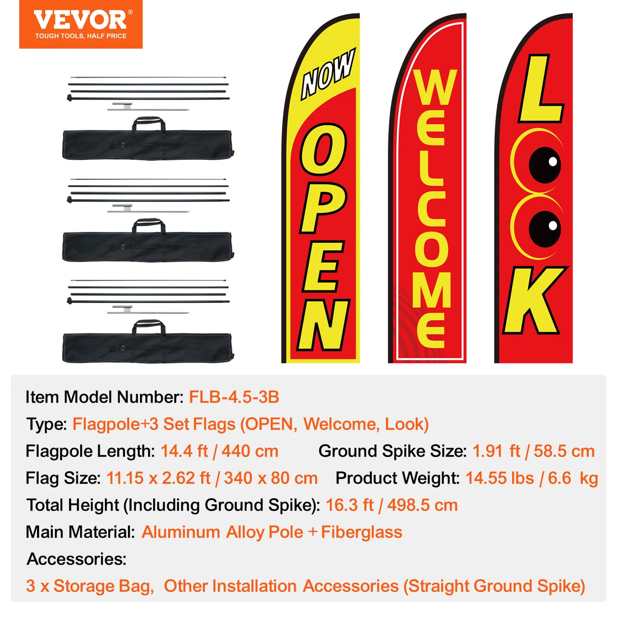 VEVOR Feather Flag Pole Kit 3Packs Swooper Flag 16.3ft Sign Flag Poles for Business Advertising Flags Outdoor with Ground Stakes