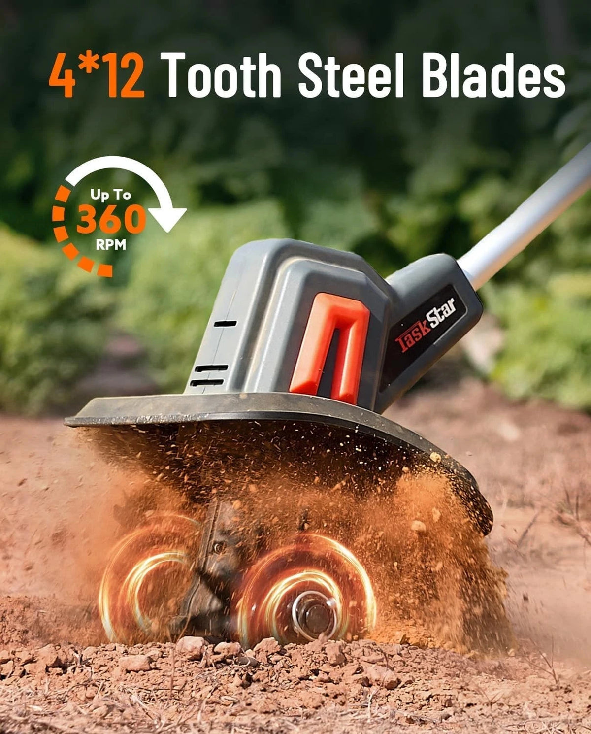 TaskStar Cordless Tiller Cultivator for Gardening 2*2.0Ah Battery Powered Garden Rototiller with 48 Steel Tines 360RPM Lightweight Small Hand Tiller for Soil Cultivating