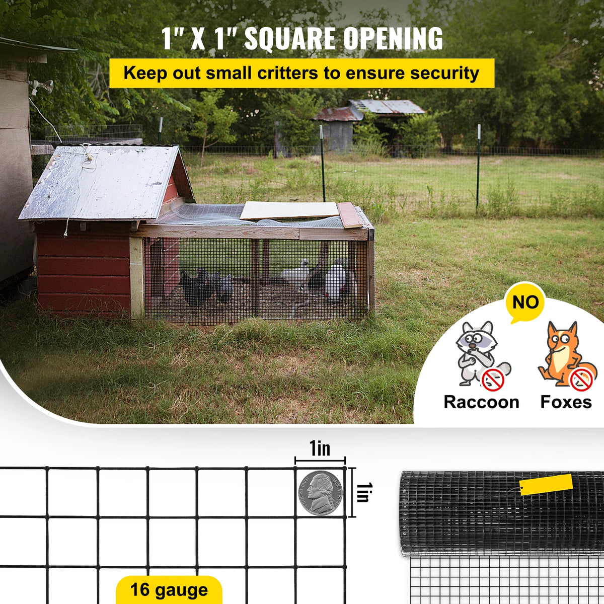 SucceBuy Welded Wire Fence Vinyl Coated Chicken Rabbit Mesh 1"x1" 16 Gauge 24"x50'/24"x100'/36"x50' Black Hardware Cloth & Mesh