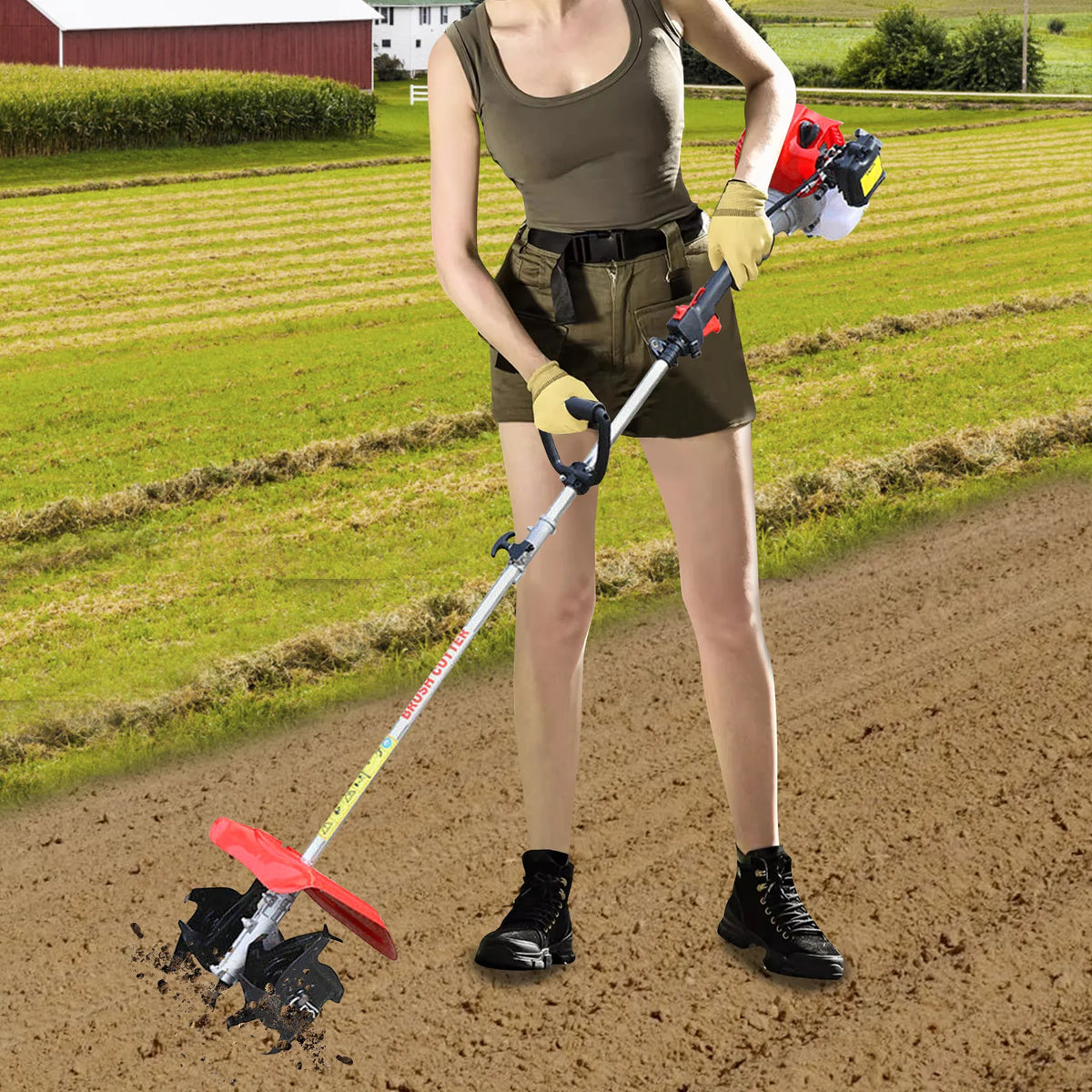 Gasoline Mini Tiller Cultivator 51.7cc Multi-function Rotary Tiller Machinery  1.45kW Cordless Garden Rototiller Farm Tilling Equipment with 25cm Width & 9cm Depth ﻿