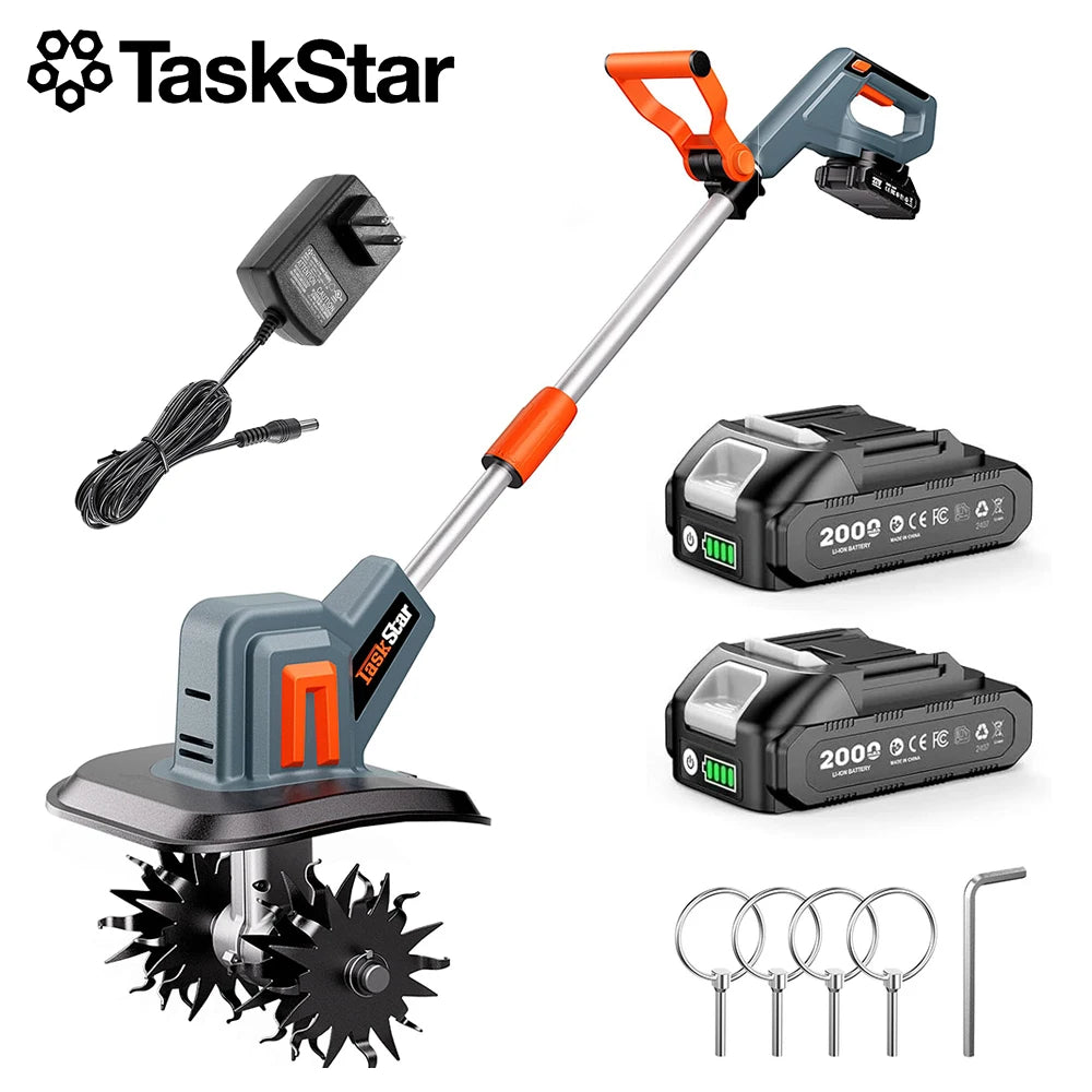 TaskStar Cordless Tiller Cultivator for Gardening 2*2.0Ah Battery Powered Garden Rototiller with 48 Steel Tines 360RPM Lightweight Small Hand Tiller for Soil Cultivating