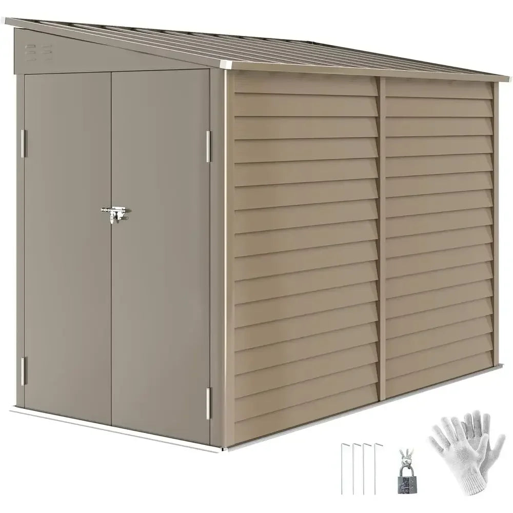 Brown 4.6' x 9' Outdoor Steel Storage Shed with Waterproof Lean-to Design, Foundation Kit, Lockable Door, Gloves, and 2 Air Vent