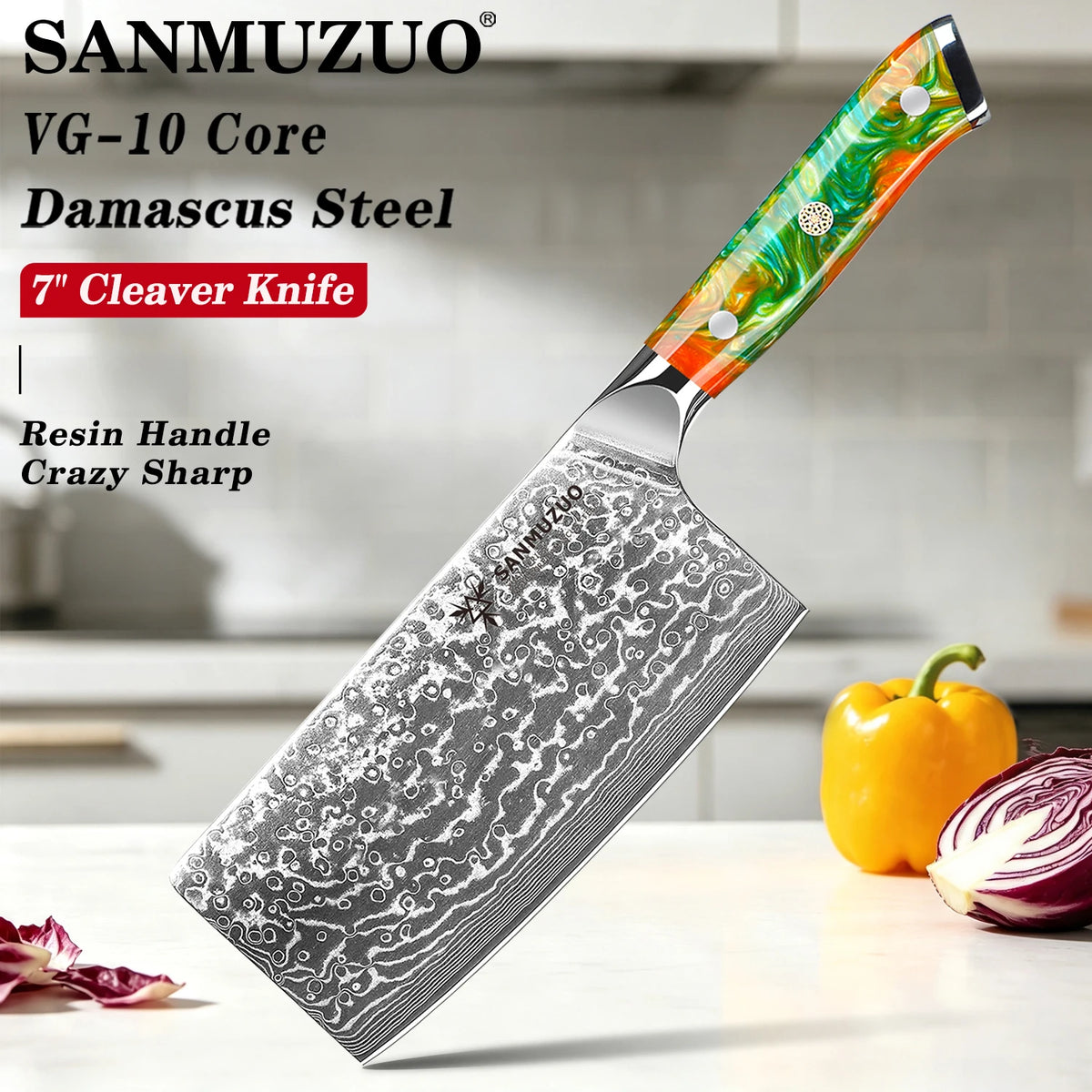 SANMUZUO 7 Inch Chinese Cleaver Knife - Professional Damascus Steel Chef Knife for Meat Vegetable - Ergonomic Resin Handle Kitchen Tool - Xuan Series
