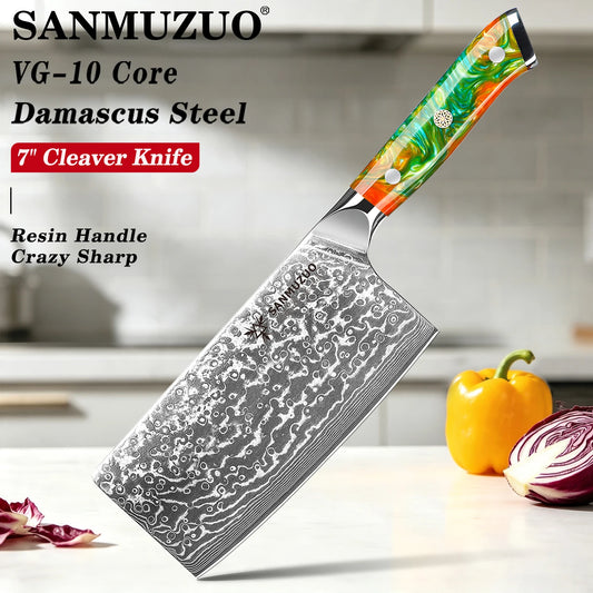 SANMUZUO 7 Inch Chinese Cleaver Knife - Professional Damascus Steel Chef Knife for Meat Vegetable - Ergonomic Resin Handle Kitchen Tool - Xuan Series