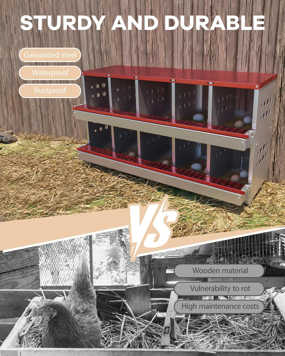 10 Holes Chicken Nesting Boxes,Compartment Galvanized Steel Laying Box for Hens,Metal Roll Away Easy Clean