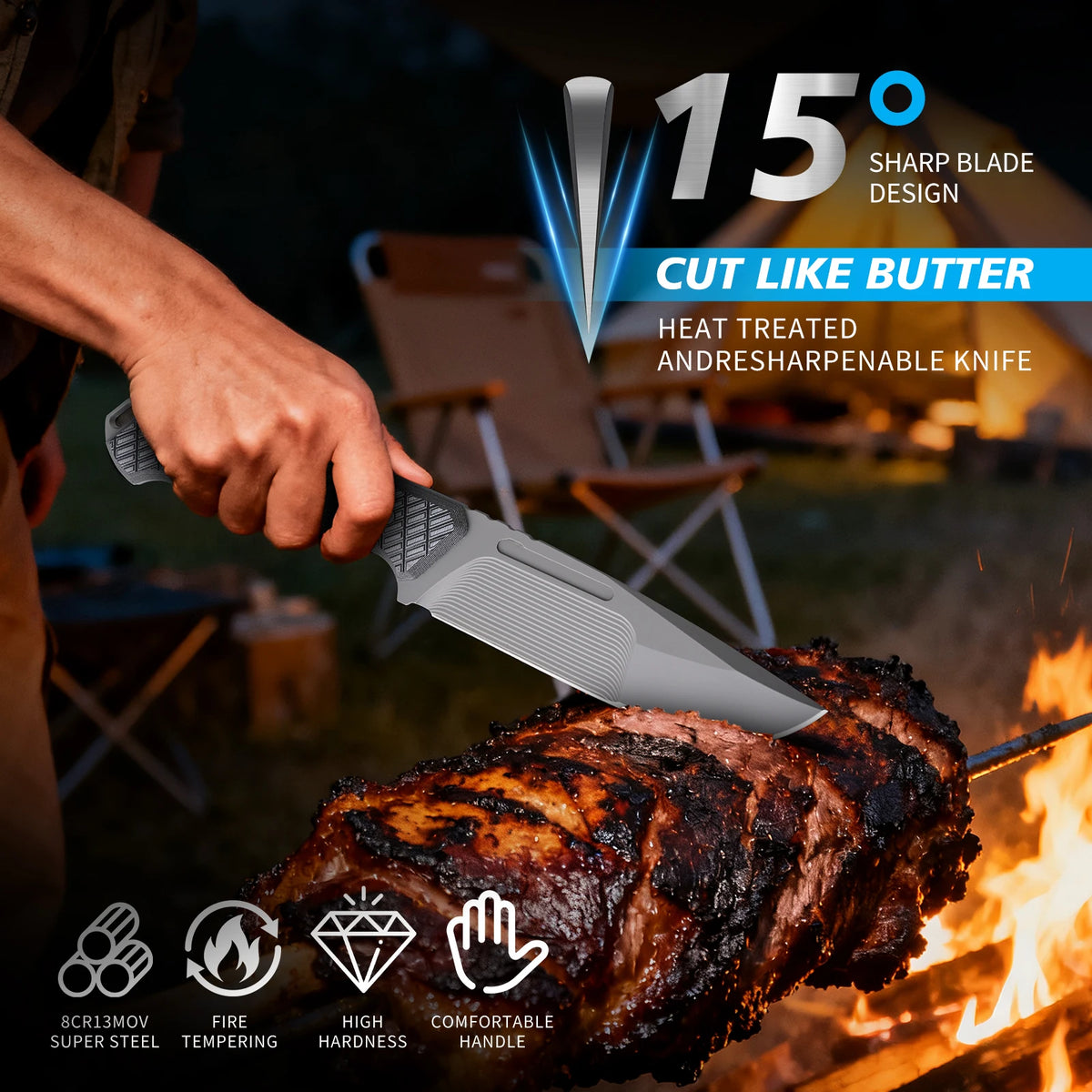 One-piece steel multi-functional steak straight knife with K-sheath and anti-slip textured handle, home meat cutting and deboning knife, portable camping survival hunting knife, outdoor multi-purpose knife.