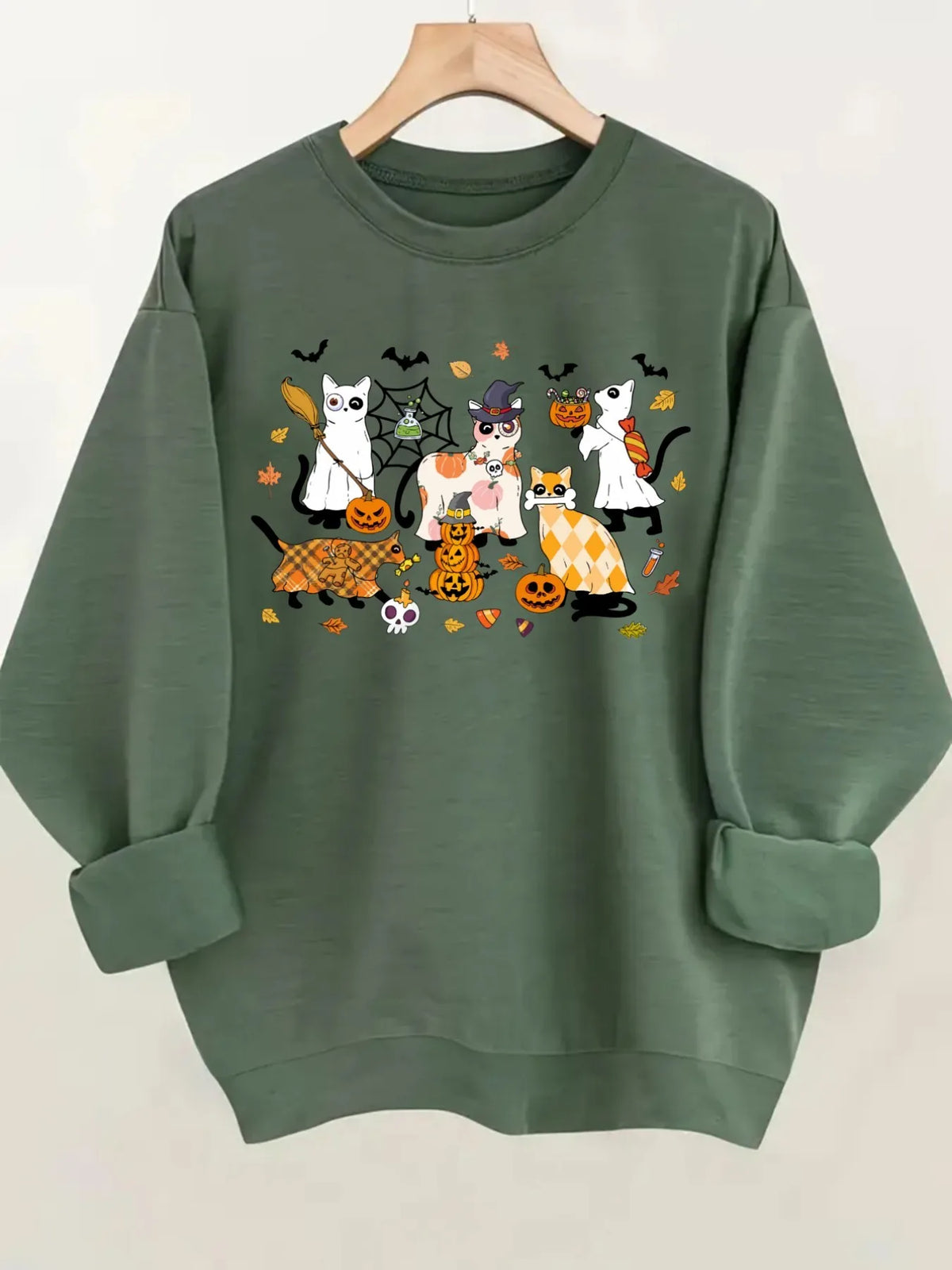 Women's Crewneck Pullover Sweatshirt Halloween Cat Print Design, Soft Casual Long Sleeve, Daily Casual Top Outfit, Winter Women's Clothing, Halloween Costume Outfit