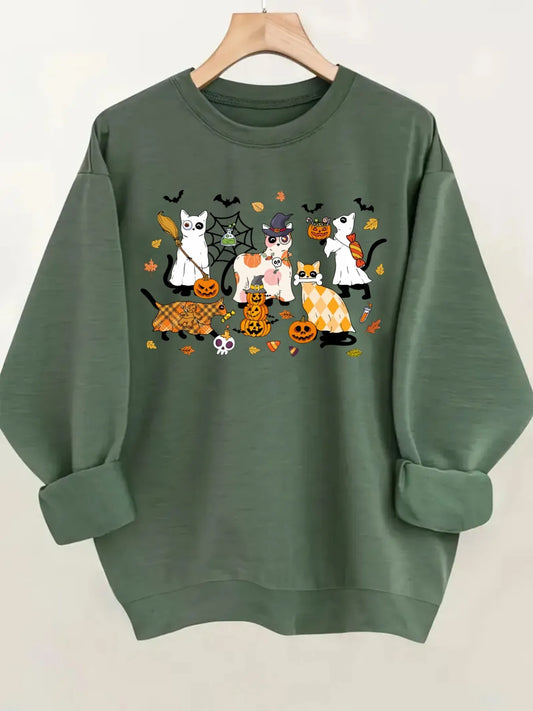 Women's Crewneck Pullover Sweatshirt Halloween Cat Print Design, Soft Casual Long Sleeve, Daily Casual Top Outfit, Winter Women's Clothing, Halloween Costume Outfit