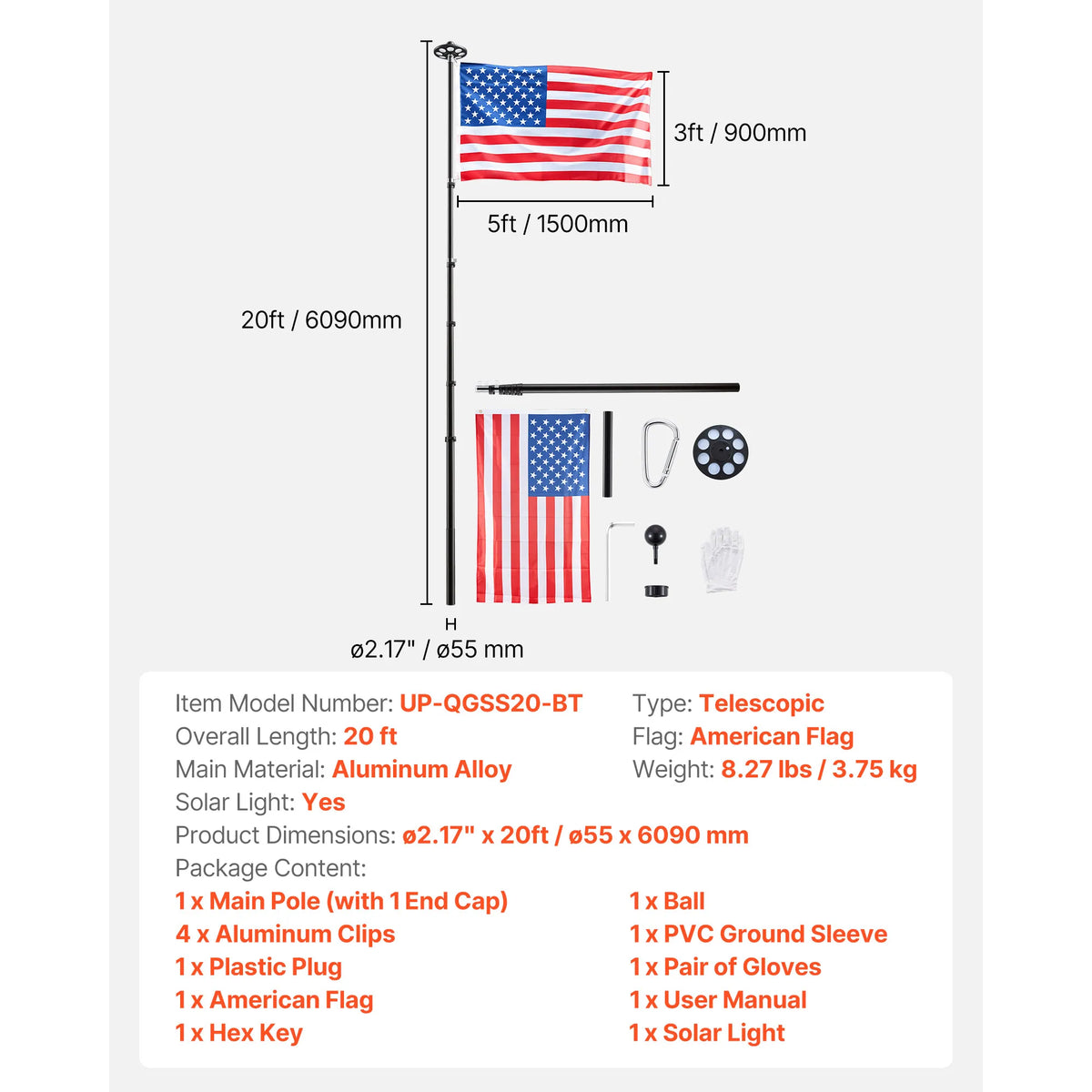 SucceBuy 20/25 ft Flag Pole with 136 LED Solar Light Outdoor Aluminum Flagpole with 3x5 American Flag for Residential Commercial