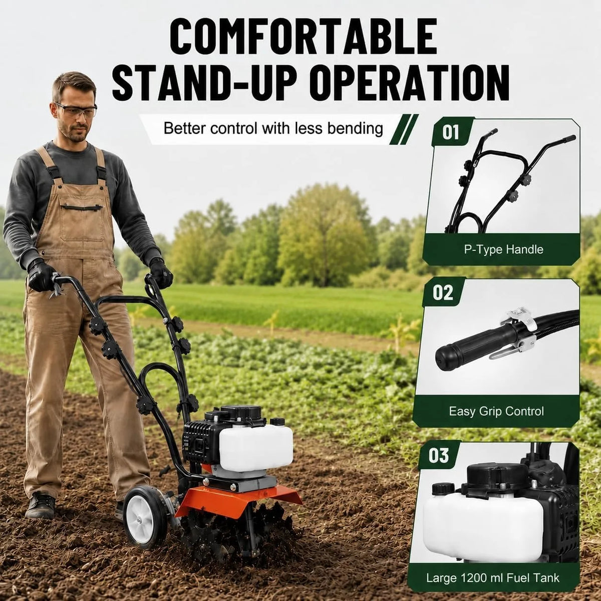 52CC Gas Powered Tiller Cultivator 2 Stroke Engine Garden Rototiller with Adjustable Steel Tines 11.8 Inch Working Width Soil Cultivator for Vegetable Garden Flower Bed Yard Field Farming