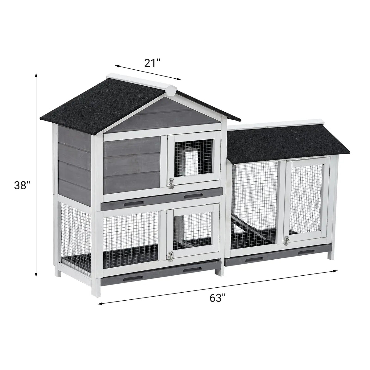 63in Bunny Hutch Indoor, Wooden Rabbit Cage 2-Tier With 3 Removable Trays, Waterproof Roof Bunny House Outdoor Coop