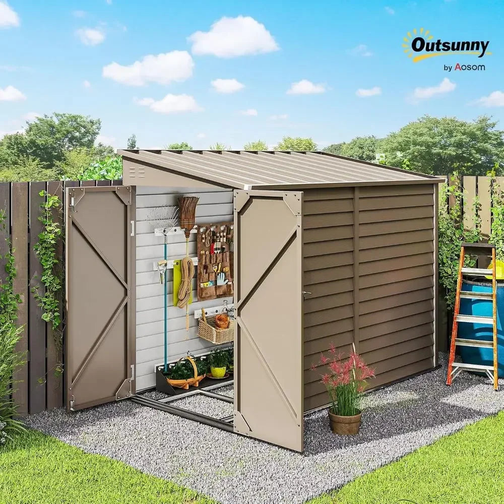 Brown 4.6' x 9' Outdoor Steel Storage Shed with Waterproof Lean-to Design, Foundation Kit, Lockable Door, Gloves, and 2 Air Vent