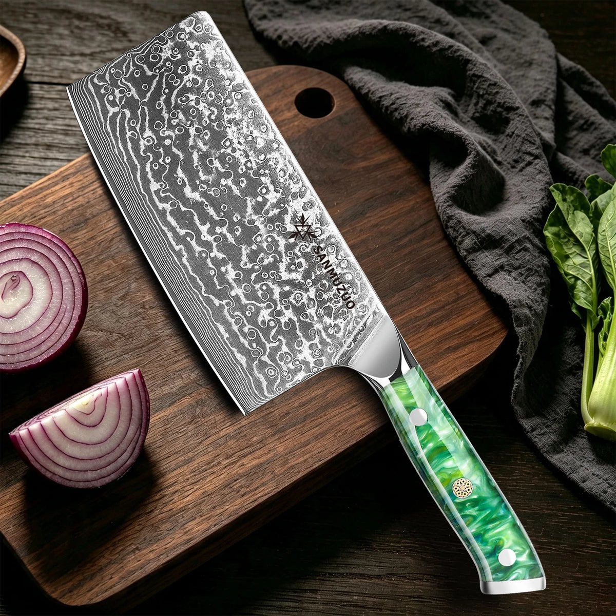 SANMUZUO 7 Inch Chinese Cleaver Knife - Professional Damascus Steel Chef Knife for Meat Vegetable - Ergonomic Resin Handle Kitchen Tool - Xuan Series