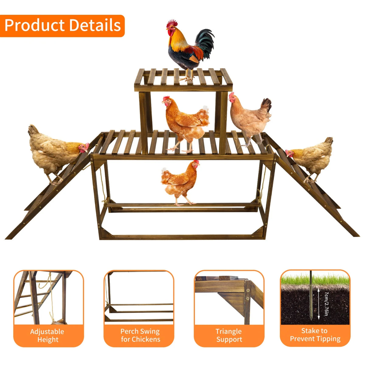 Pine Wood Chicken Perch Swing Chicken Roosting Bars with Swing & Ladder Activity Play Toys Chicken Climbing Accessory for 8-10 Chickens